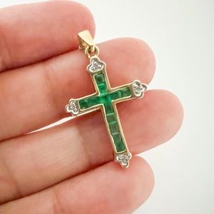 Real Emerald and Diamond Cross Pendant 10K Yellow Gold
